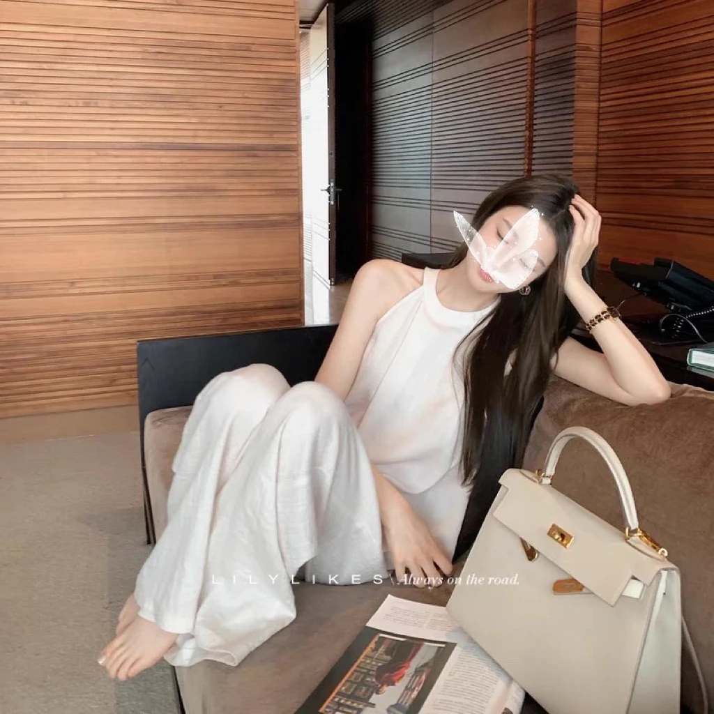 高级感老钱风亚麻套装女夏季2025新款薄款气质吊带阔腿裤两件套