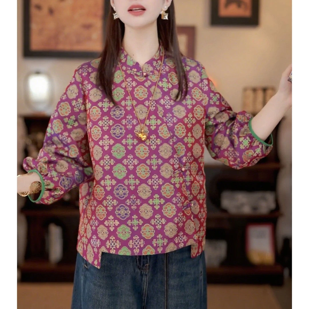 新中式国风小立领气质上衣2025秋季新款时尚印花长袖宽松显瘦T恤