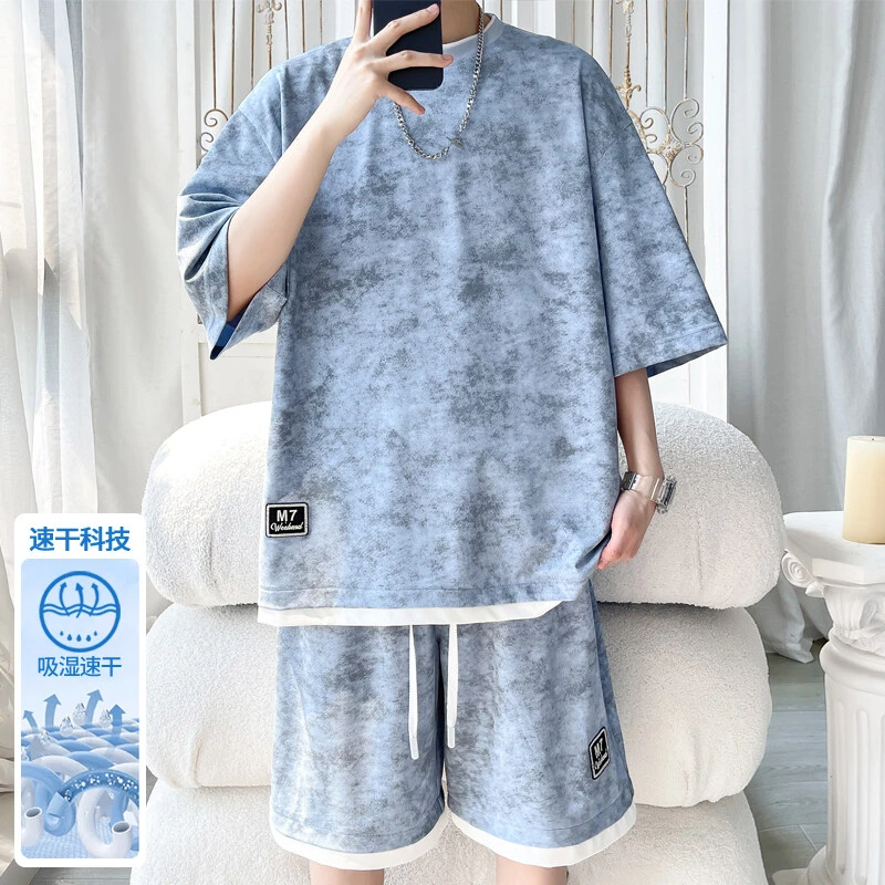 休闲运动套装男夏季套装大码冰丝假两件纯色运动简约痞帅