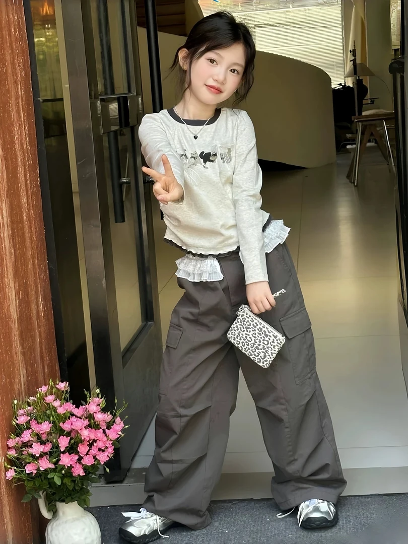蝴蝶结女童秋季新款洋气花边工装裤女宝宝长袖上衣