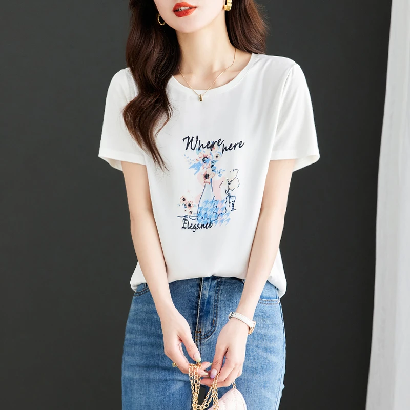 【印花棉T恤】夏季新款女士薄款显瘦气质时尚百搭上衣休闲套头3537