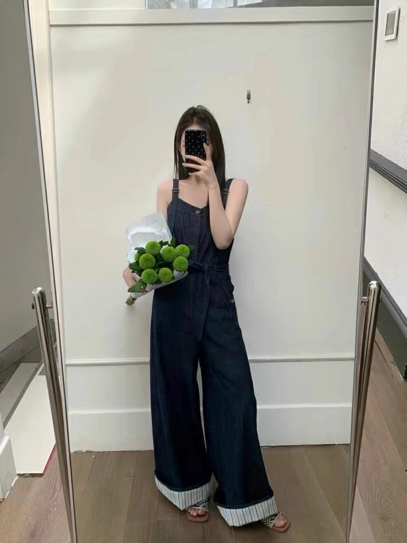 2025夏季新款韩版牛仔吊带直筒连体裤配收腰显瘦条纹拼接阔腿裤