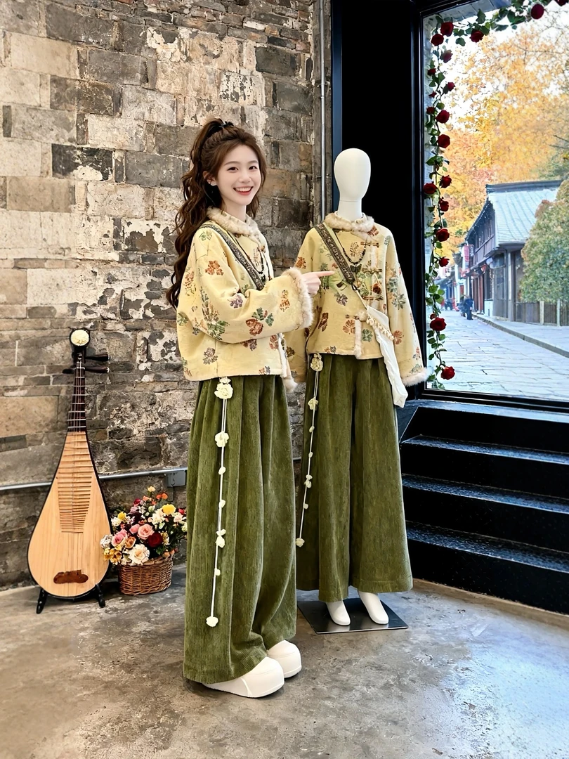 2025超火冬装一整套女新中式国风盘扣外套休闲裤子巨好看的套装