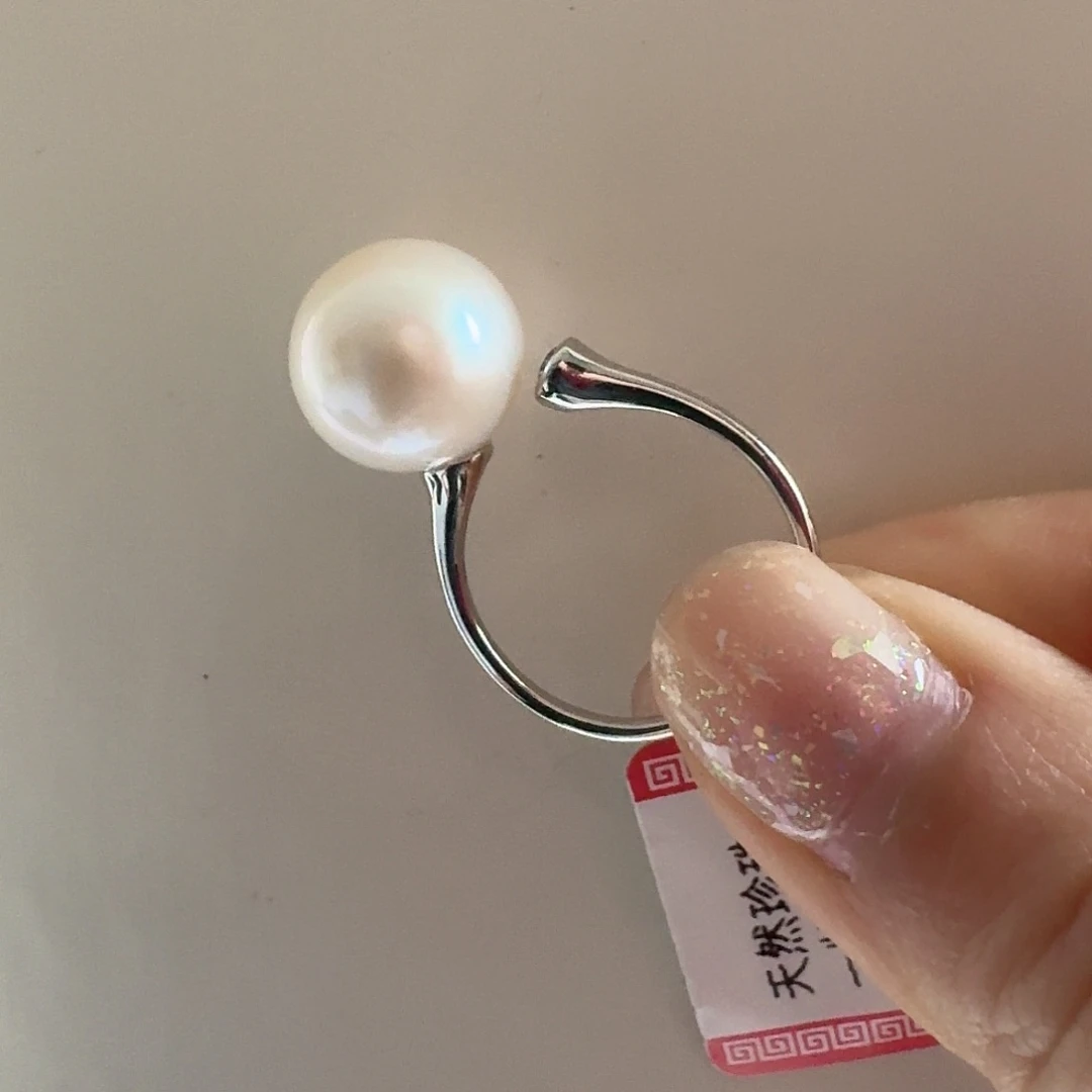 淡水珍珠戒指银S925镶嵌嘉*12mm白珠戒指