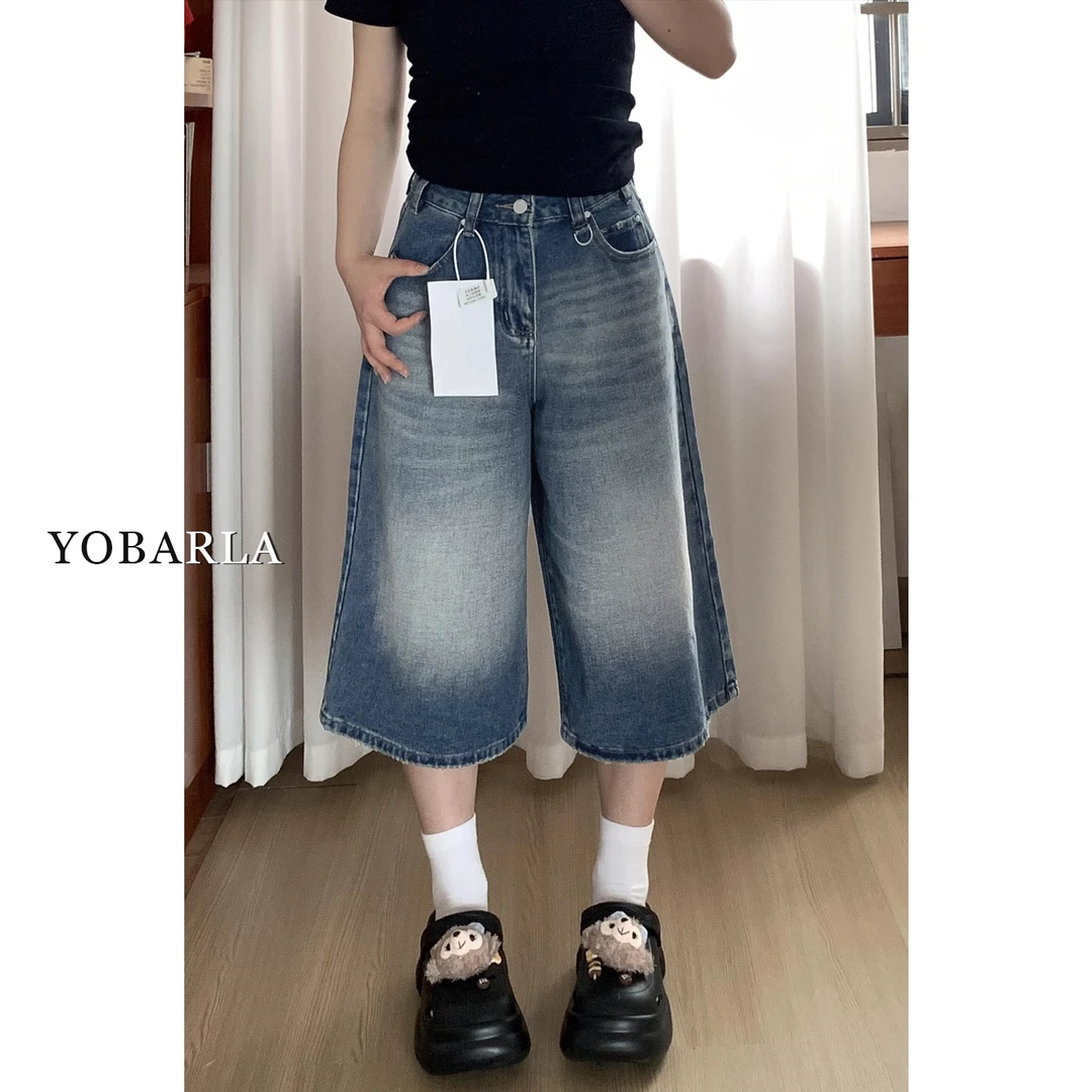 美式阔腿牛仔七分裤女秋冬新款大码胖mm宽松显瘦梨形身材直筒短裤