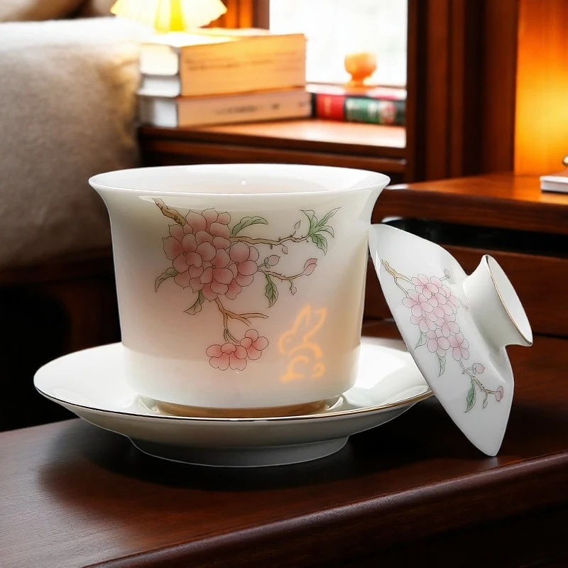 当代 且舍羊脂玉玲珑镂空三才盖碗喝茶碗单个陶瓷茶杯功夫茶具