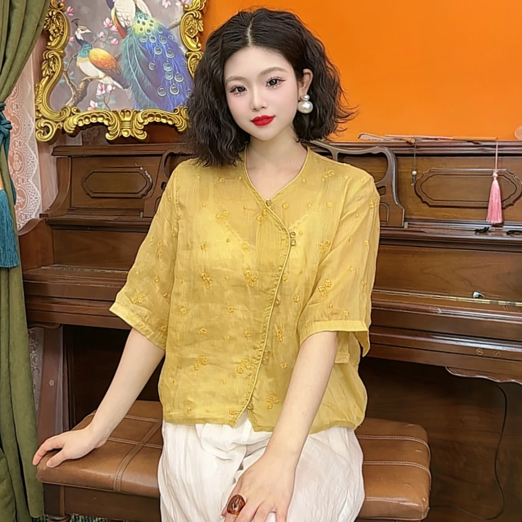 文艺复古苎麻满身刺绣v领斜襟衬衫洋气小衫小众宽松衬衣薄款夏季