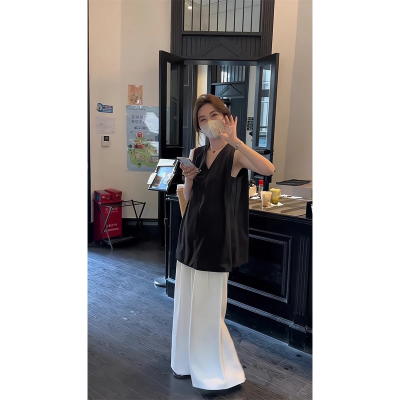 设计感后背镂空黑色无袖衬衫别致外穿背心上衣休闲裤百搭阔腿裤子