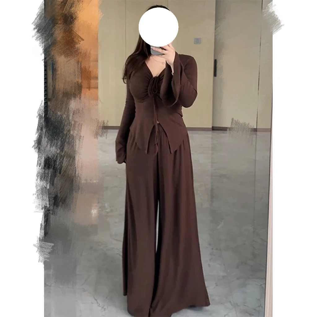 大码胖mm早秋穿搭套装韩系慵懒别致v领上衣25063休闲阔腿裤裙套装