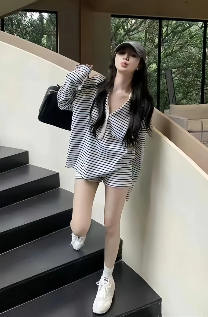 睡衣女款爆款2025新款夏季时尚条纹长袖松紧腰直筒短裤套装家居服