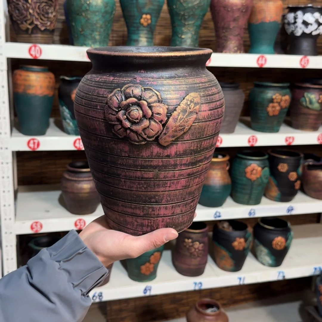 红陶红陶浮雕花盆炸炸炸