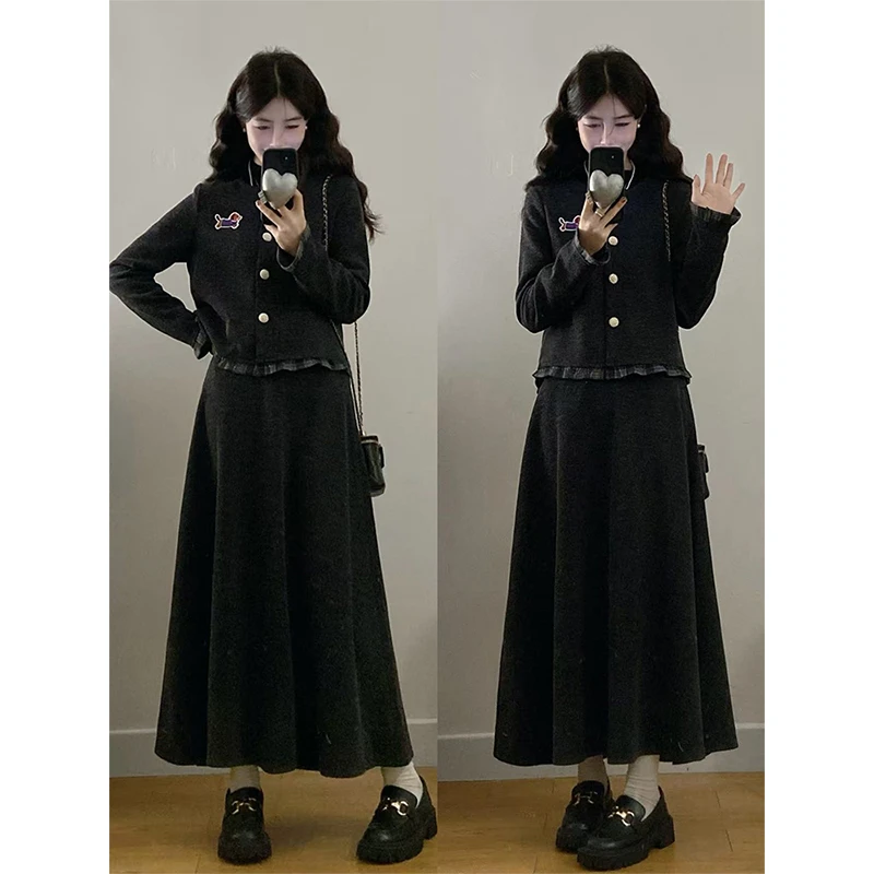 大码学院风韩系穿搭两件套女秋冬腊肠小狗刺绣针织毛衣+a字半身裙