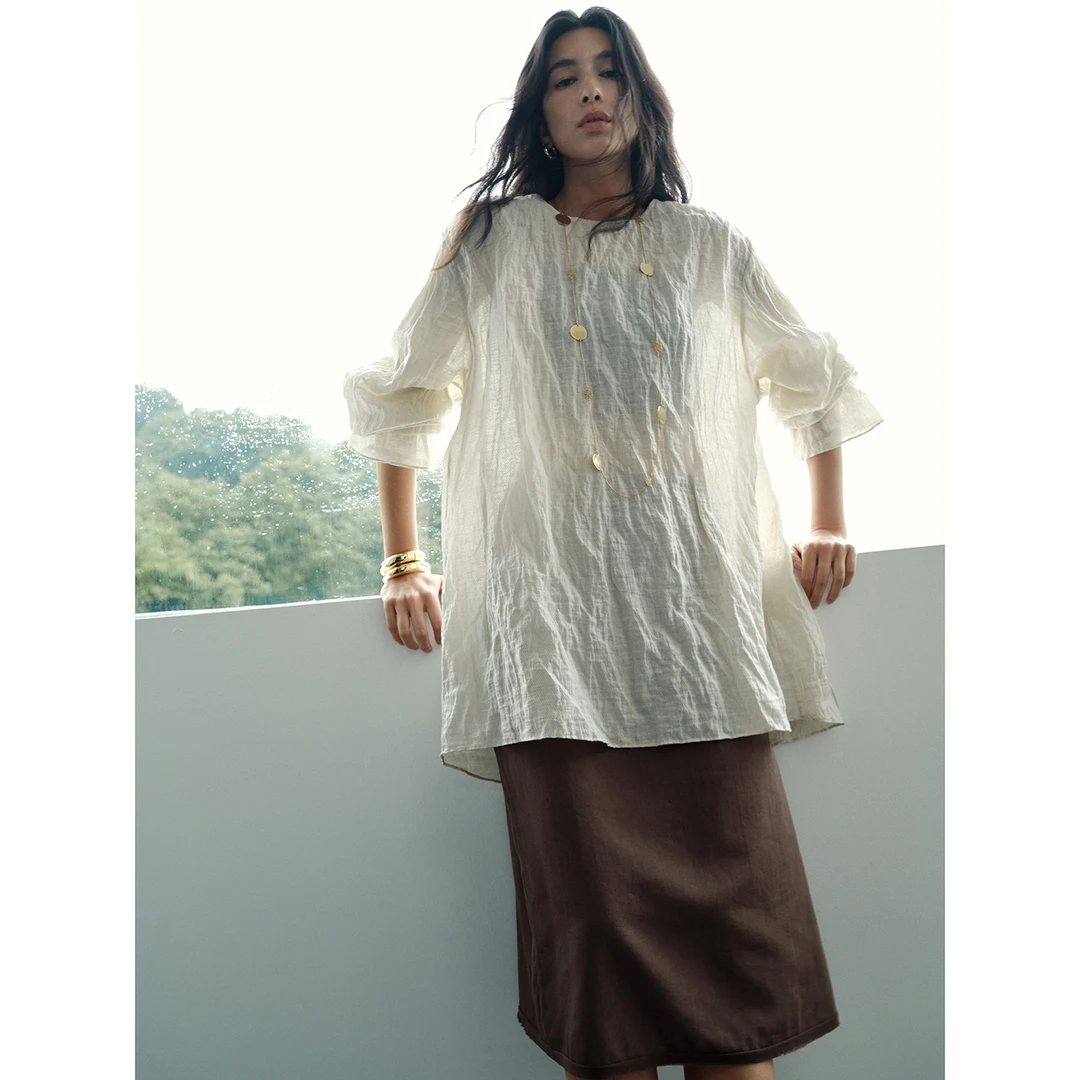 Ayuko｜D*N褶皱银丝獨家定织长绒棉金属丝泡泡绉衬衫上衣/背心0245