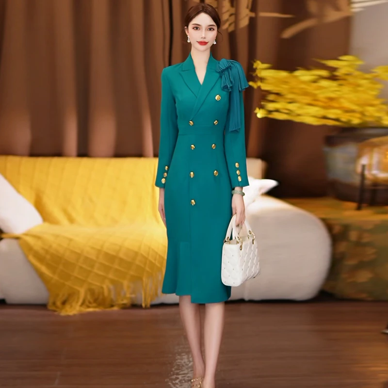 绿色西装领连衣裙长袖职业装包臀裙中长宽60430