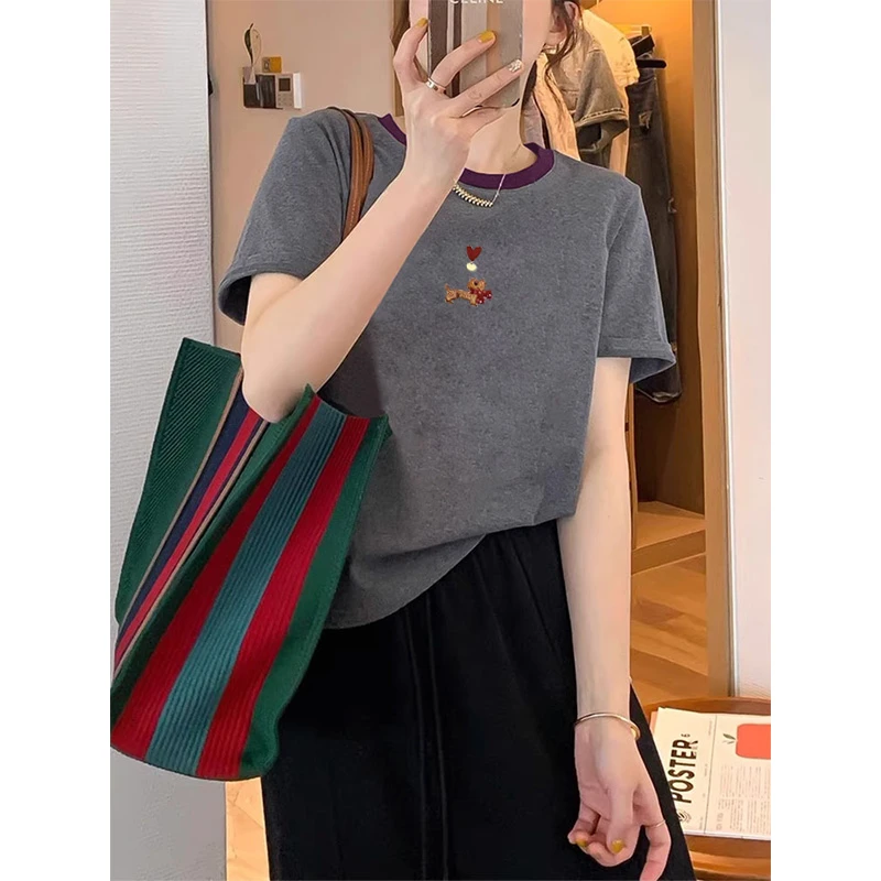 2025火爆拼色正肩圆领短袖t恤女小众设计感可外穿百搭上衣打底衫