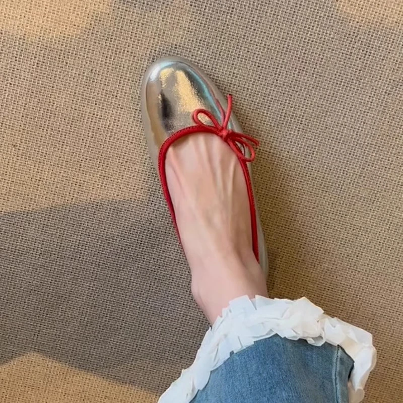 芭蕾风玛丽珍女鞋圆头蝴蝶结一脚蹬法式少女风银色平底奶奶鞋单鞋