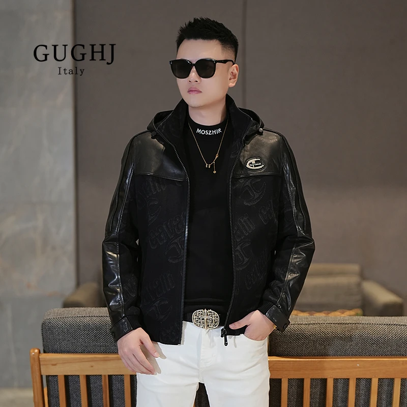 冬季新款男士时尚保暖山羊皮拼真皮夹克潮流休闲帅气轻奢连帽外套