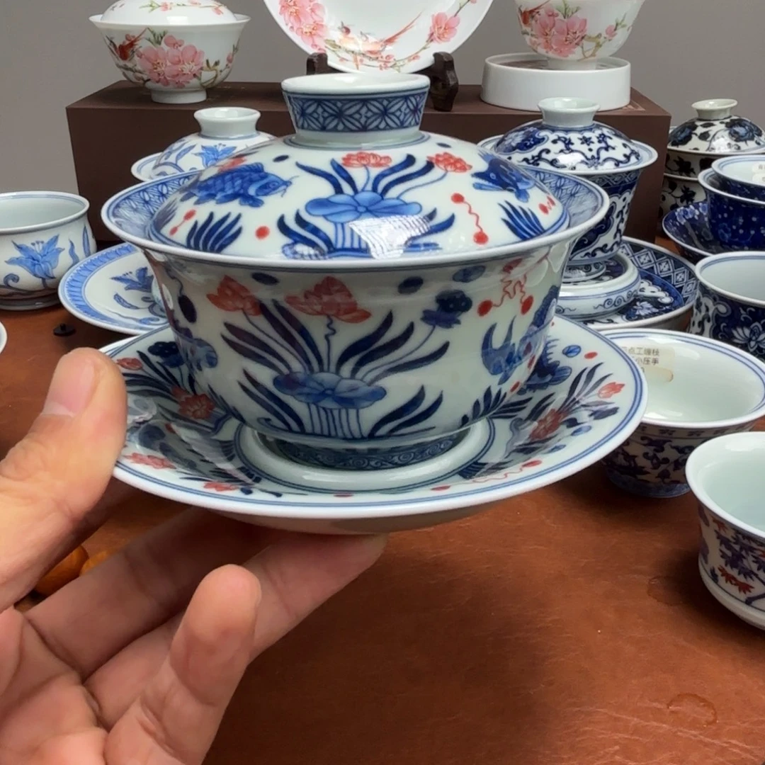 陶摆件釉里红鱼藻纹三才盖碗景德镇发货