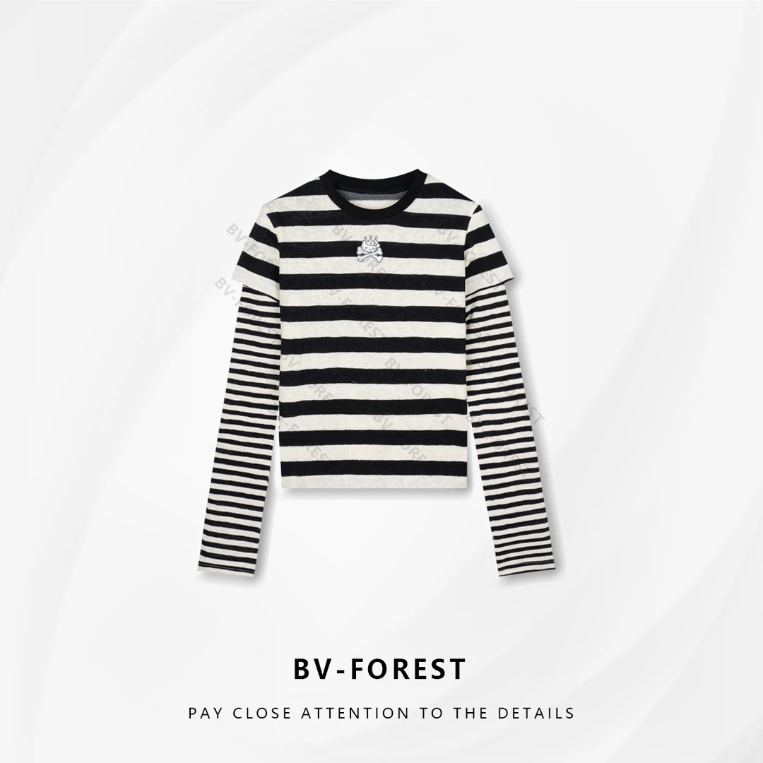 BV-FOREST“温暖呼吸”秋季刺绣款条纹假两件减龄显瘦T恤BV-T0613