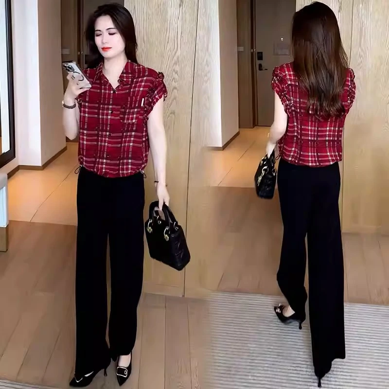 时尚套装女2025夏季新款洋气减龄显瘦格子短袖衬衫阔腿裤两件套潮