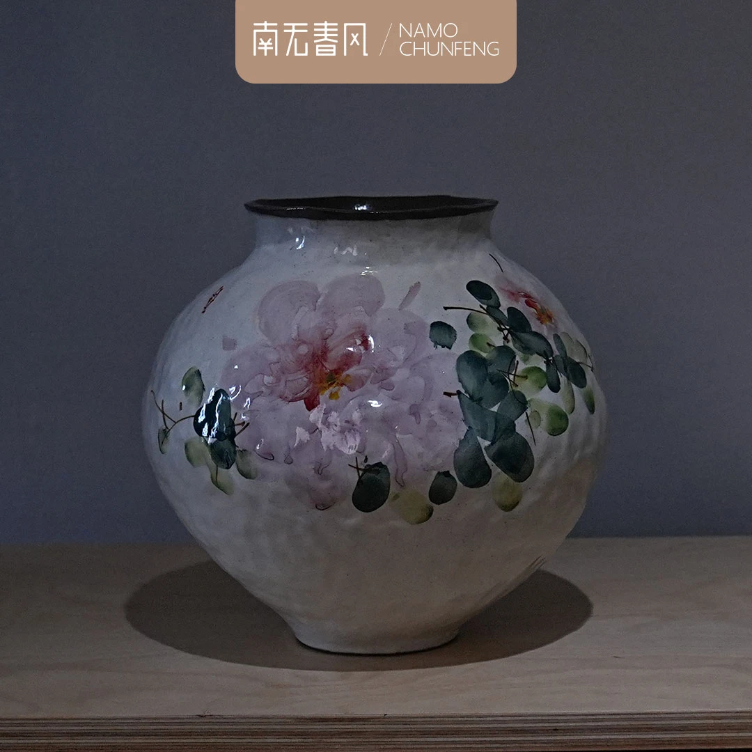 青翎•牡丹手绘花瓶手绘牡丹月亮陶瓷花瓶家居客厅插花桌面摆件