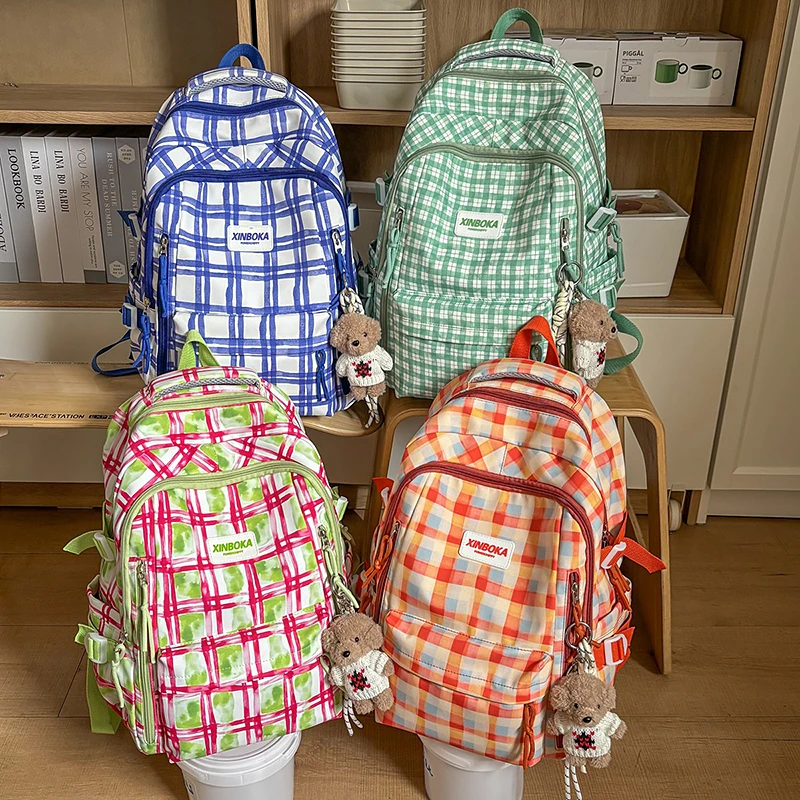 禾果铺子双肩包女日系可爱复古格子背包初高中学生书包大学生包包