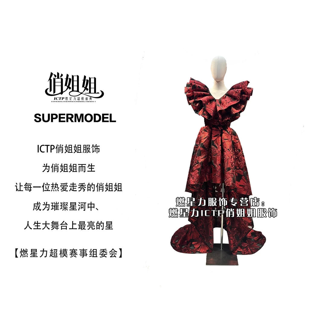 【燃星力ICTP俏姐姐】红色花纹无袖V领气质晚礼 舞台走秀 优雅 涤纶