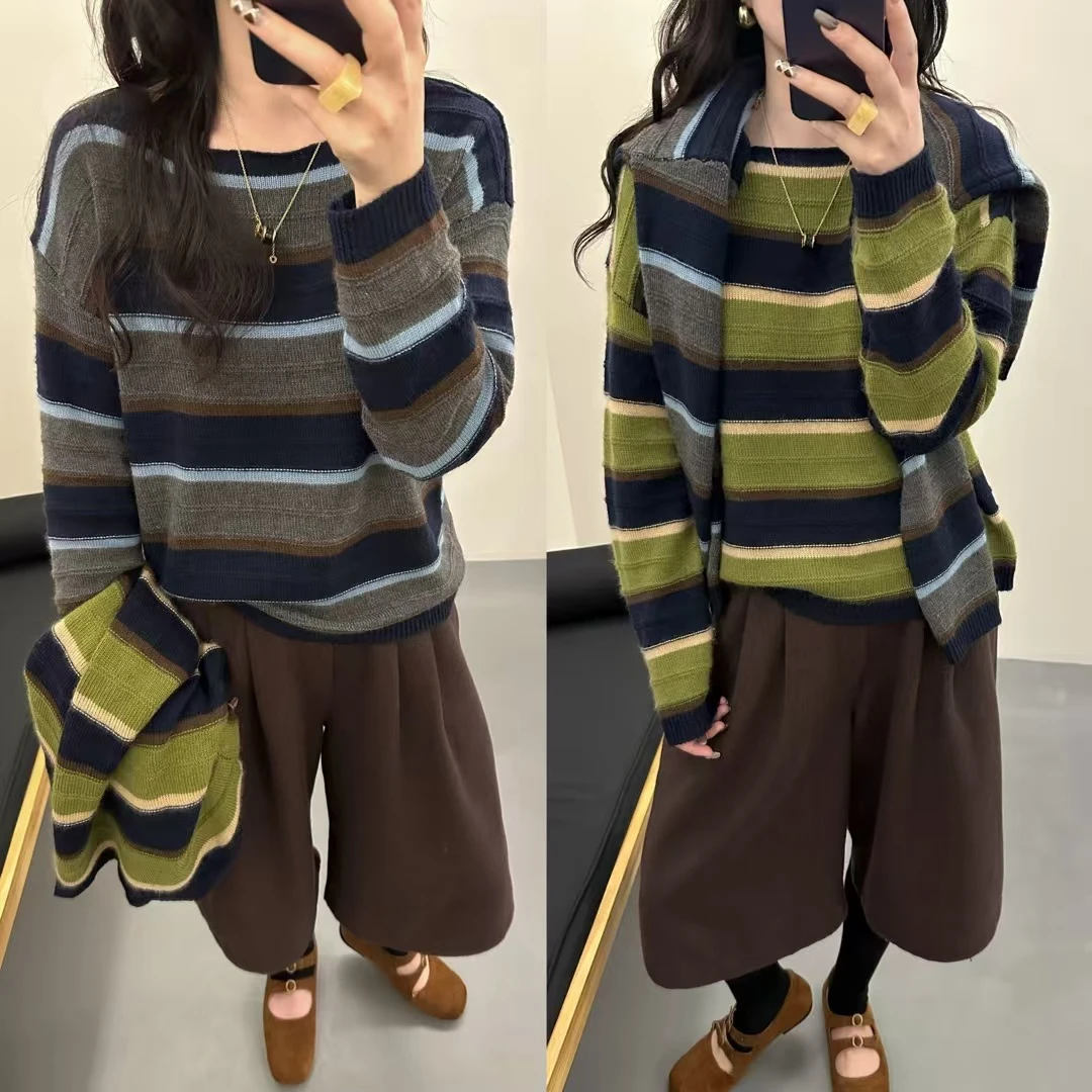 8098拼色女条纹通勤圆领毛衫韩版冬季针织毛衣毛针织衫