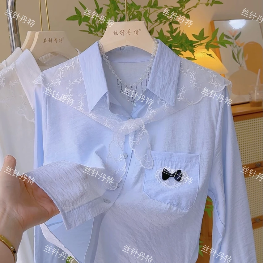 美24170温柔甜美POLO领长袖衬衫上衣女洋气减龄蕾丝披肩衬衣外套