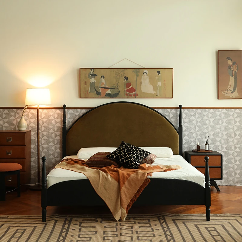 笕南花开 《乐逸》双人主卧婚床简约复古黑色软包高靠背白蜡木