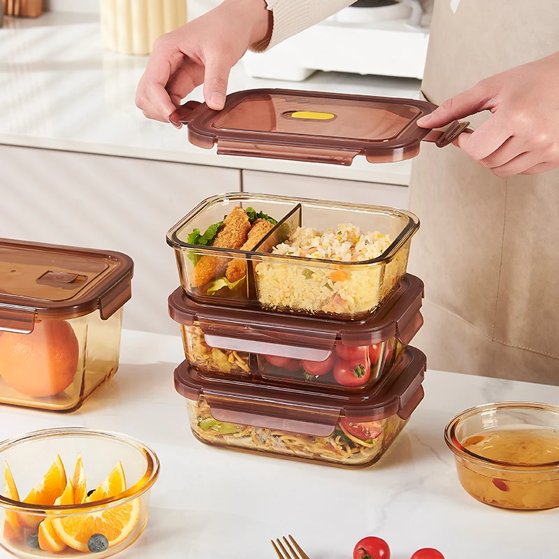琥珀色高硼硅耐热玻璃保鲜盒1040ML防漏微波炉密封盒带饭保鲜盒