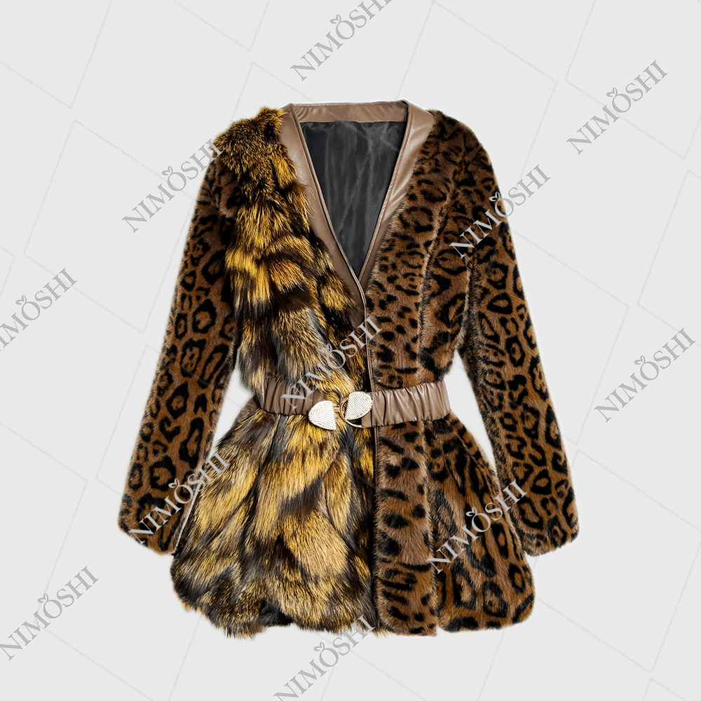 NIMðSHI【达妮】欧式中长款豹纹束腰收身毛外套高级感时尚百搭L5106