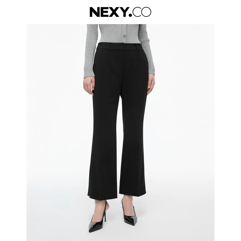 NEXY.CO/奈蔻九分裤高腰直筒时尚休闲黑色开叉微喇修身XV02949W0