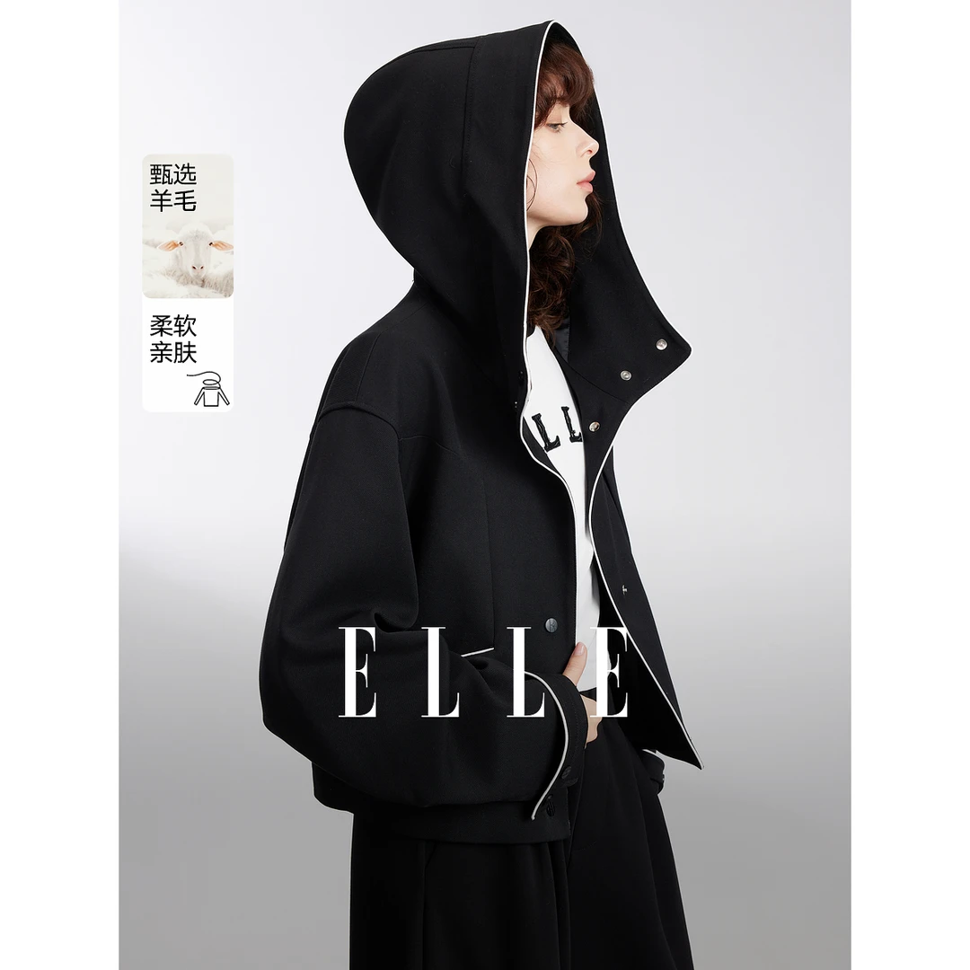 ELLE黑色高级感撞色连帽短外套女2025春季新宽松休闲通勤EF50454