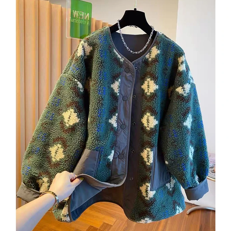 两面穿毛毛绒外套女2025秋冬复古印花慵懒风圆领宽松大码中长款