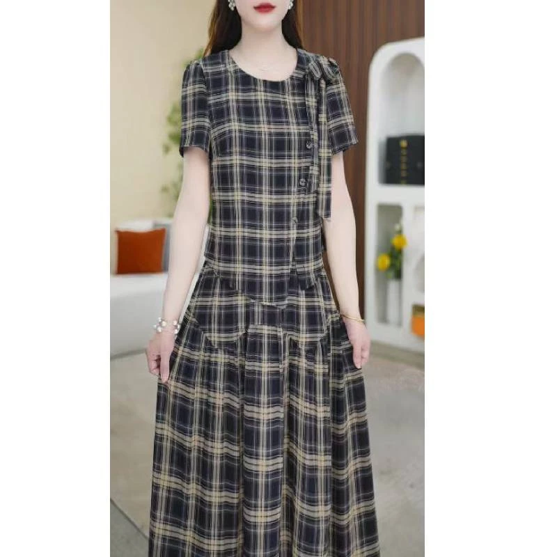 【上下套装】夏季新款圆领格纹短袖时尚两件套套装裙M-4XL