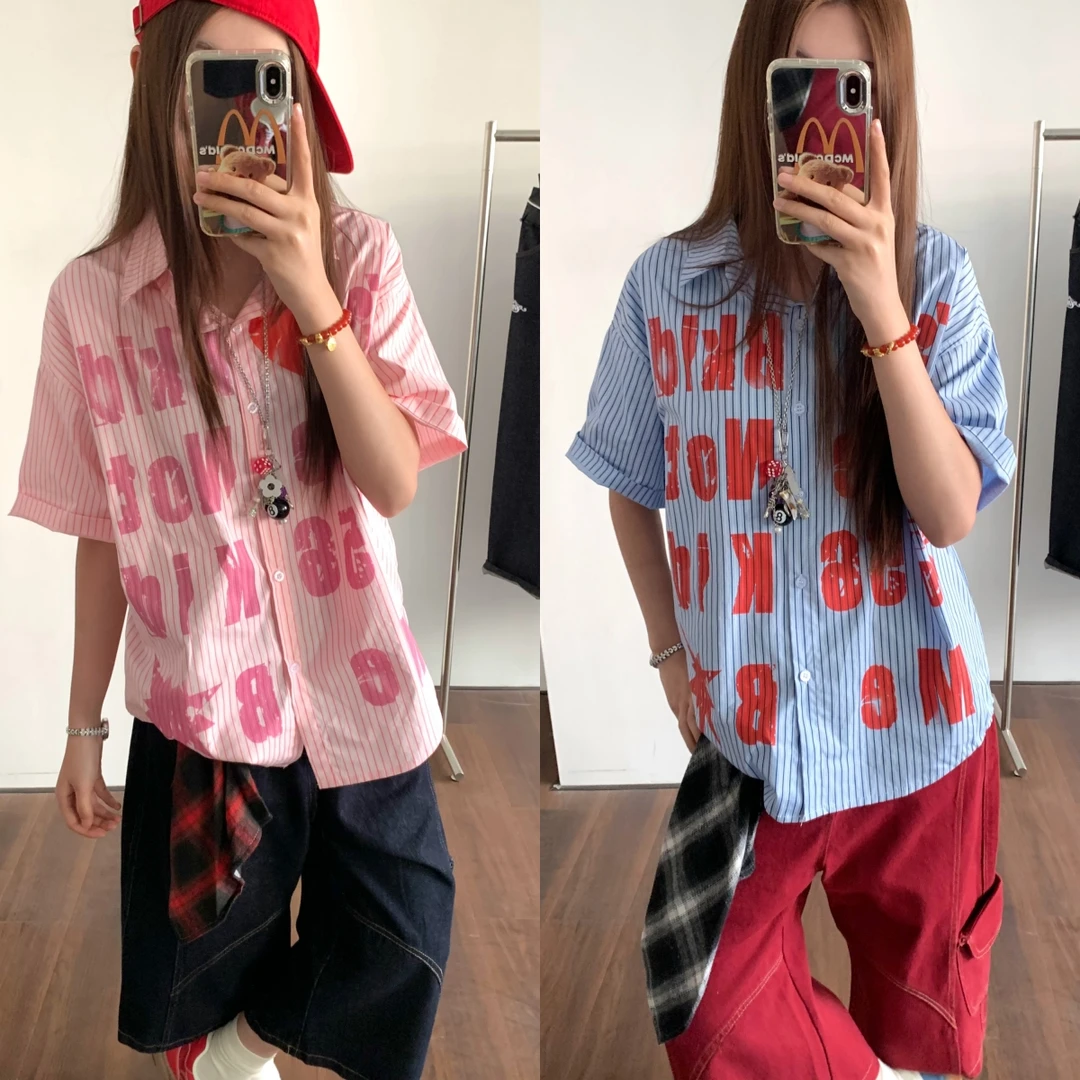 AMER 国潮美式字母彩色图案格子撞色短袖衬衫宽松情侣