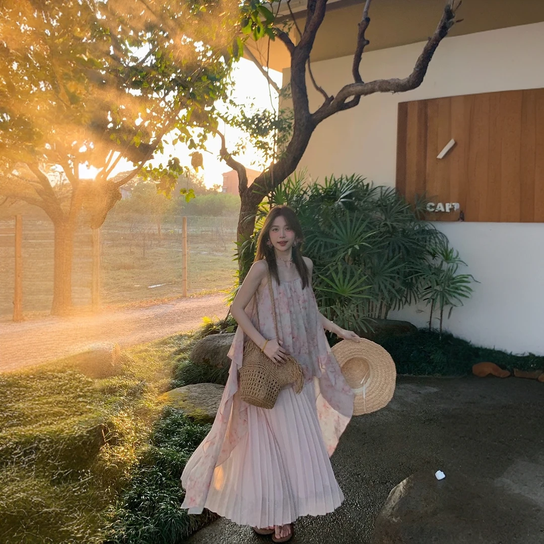【桃之夭夭】粉色扎染碎花吊带连衣裙女夏海边度假丁达尔长裙A012