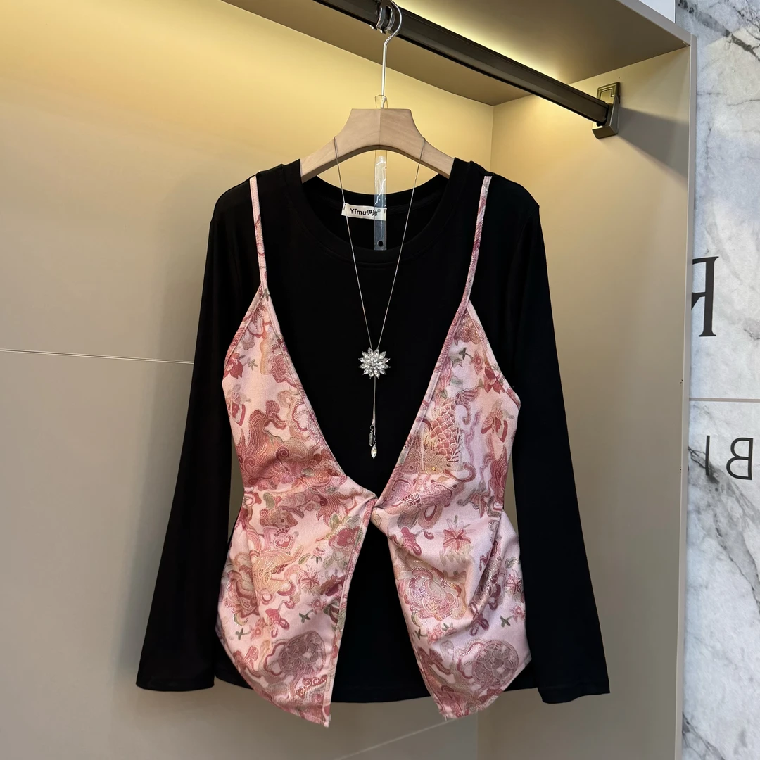 2025欧货时尚气质大码吊带提花显瘦假两件设计感胖mm洋气上衣7915