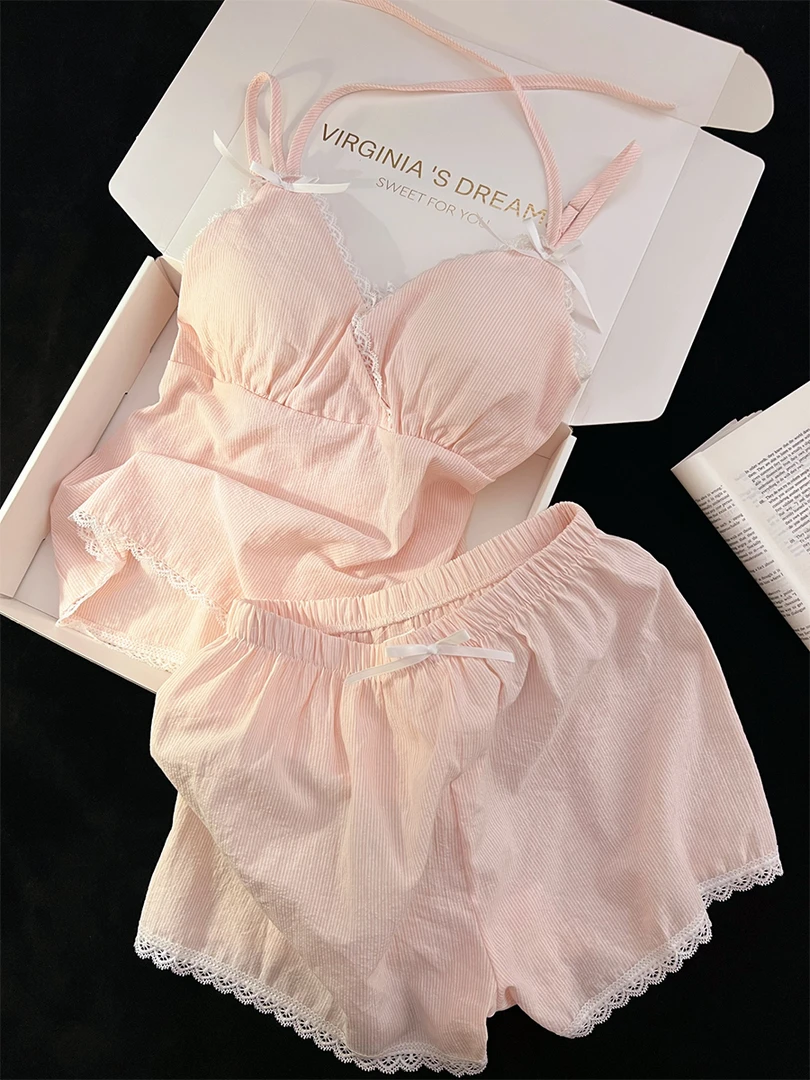 【少女粉】纯欲蕾丝花边V领吊带睡衣女夏季薄款背心短裤套装家居服