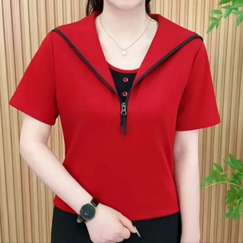 849红色夏季时尚洋气纯色假两件拉链百搭遮肚子显瘦休闲短袖上衣