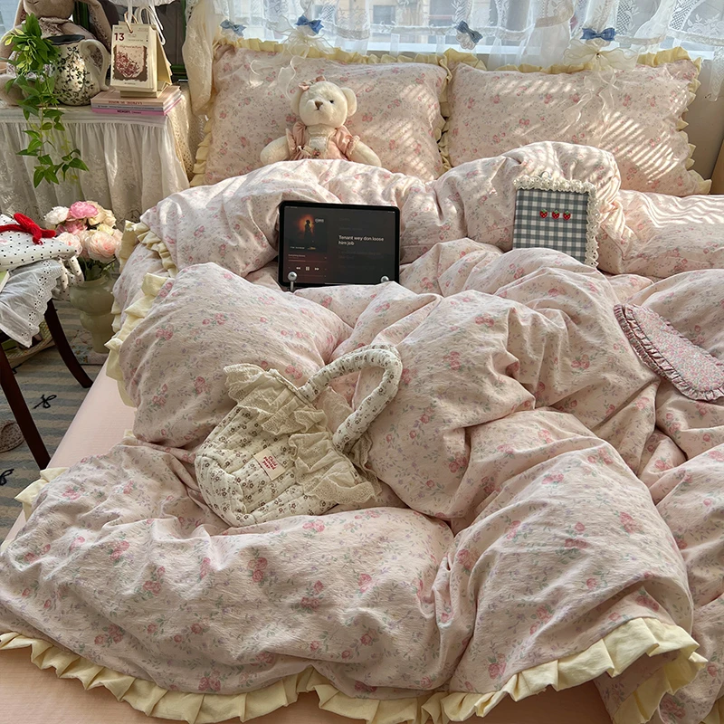 法式复古花边皱皱纱四件套学生宿舍床单被套柔软亲肤三件套非纯棉