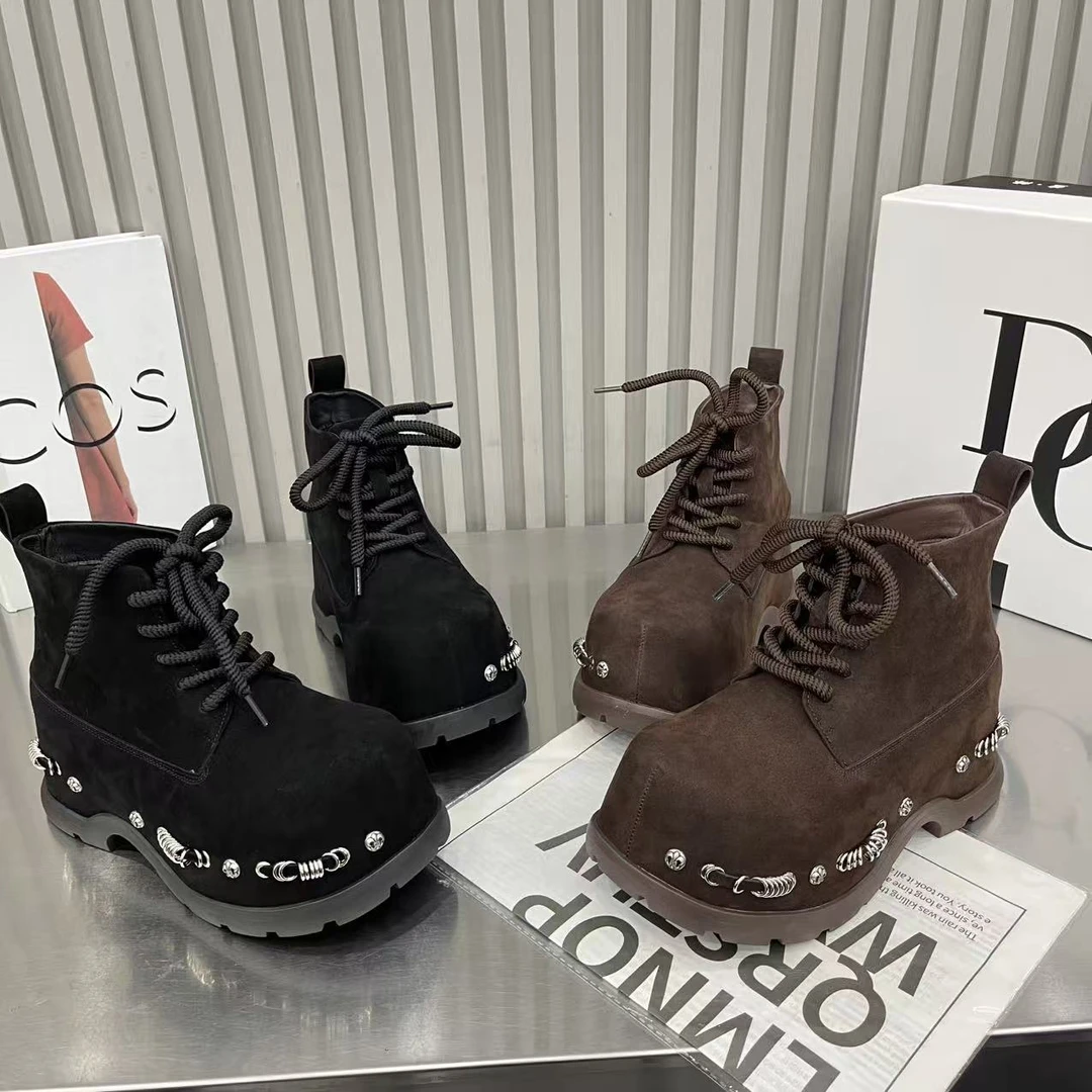 2025年新款磨砂时尚大头系带工装大黄靴马丁靴机车靴短靴字母女鞋