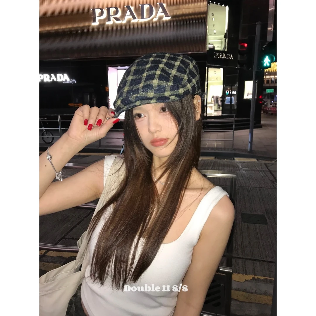 double i i 日系学院风复古格纹前进帽子女夏季轻薄反戴画家帽