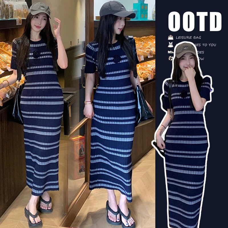 孕妇装2025夏装新款爆款修身显瘦针织条纹连衣裙辣妈时尚孕期穿搭