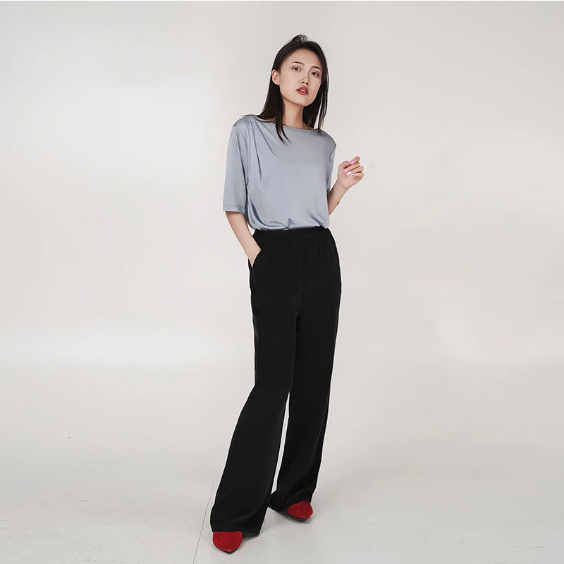 BAZAN/芭赞 极简风T恤短袖一字领时尚通勤休闲黑色薄款圆领宽松型