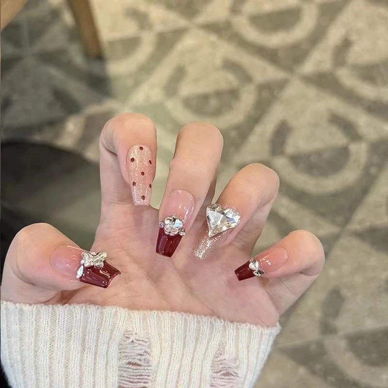 秋冬纯手工2025款红色法式爆闪猫眼穿戴显白气质美贴片红色穿戴甲