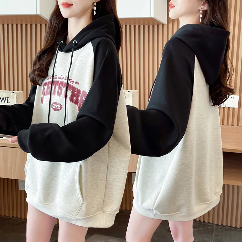 拼色连帽设计感薄款卫衣女春秋季新款韩版宽松百搭慵懒风洋气上衣