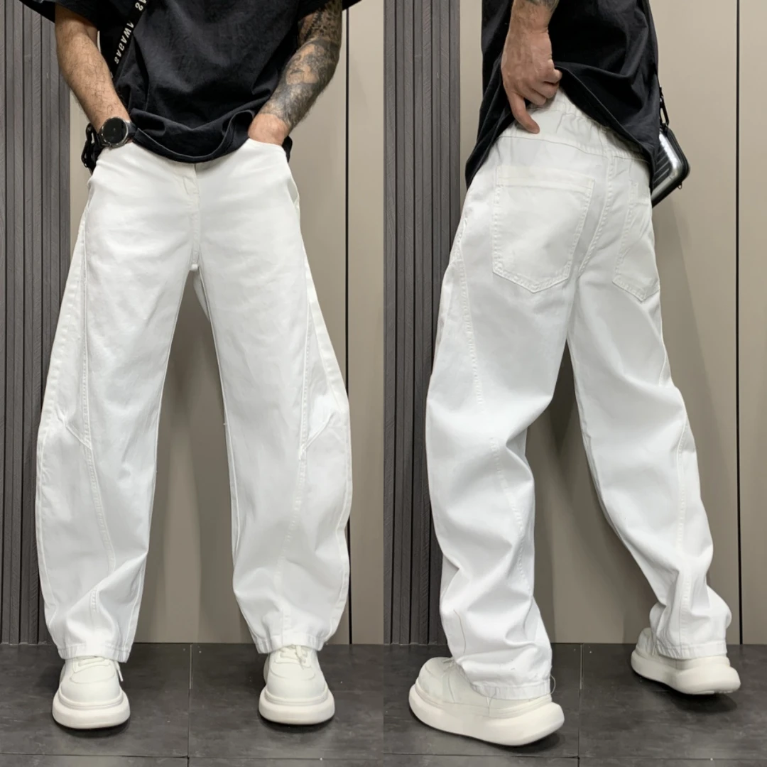 高级感白色香蕉弯刀裤男夏薄款宽松直筒牛仔裤美式潮牌阔腿工装裤