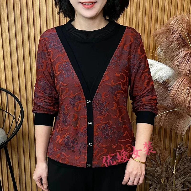 中老年女装秋季时尚圆领假两件提花宽松显瘦洋气妈妈装长袖上衣